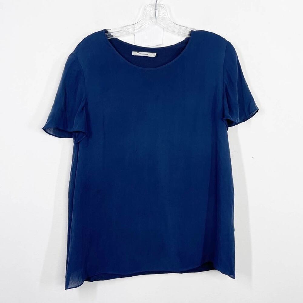 T by ALEXANDER WANG Navy Blue Silk‎ Asymmetrical Top Blouse Sz. M Medium